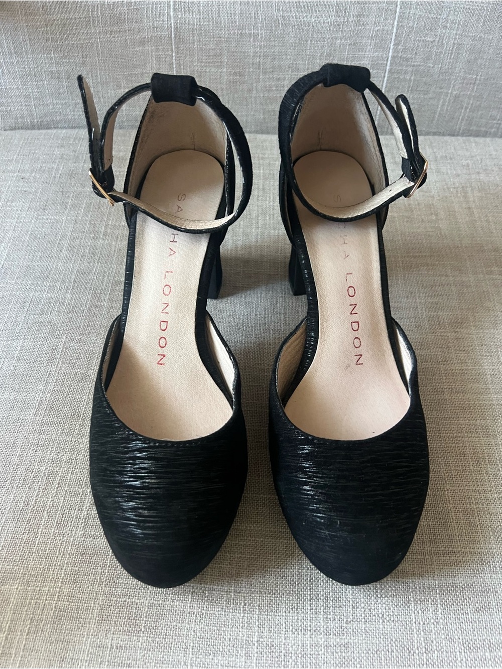 Sacha London Coquette Black Textured Ankle-Strap Block Heels, Womens 7
